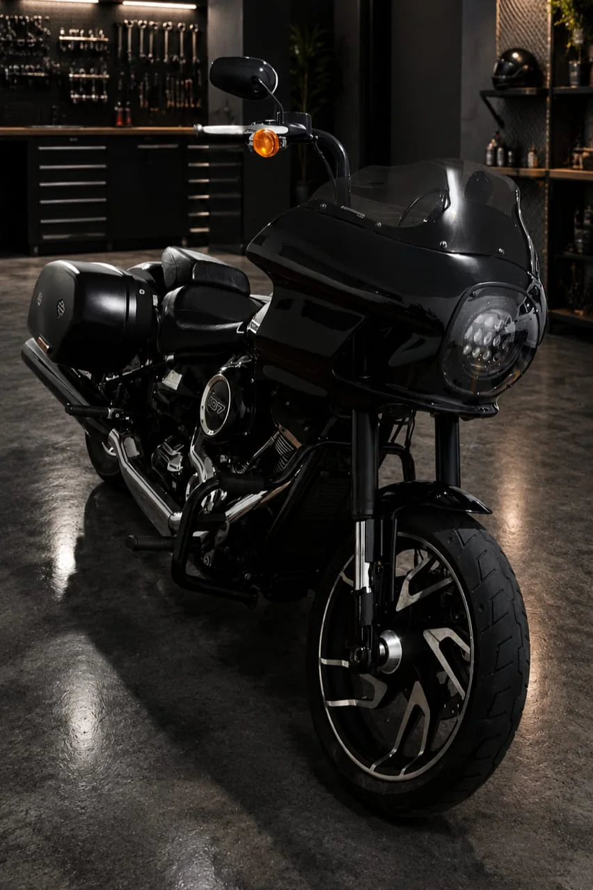 Sport Glide preta com fairing FXRT em ângulo frontal de três quartos